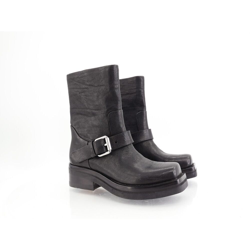 Rag & Bone Jax Moto Buckle Boot Size 35 5 Black Leather Chunky Mid Calf Block